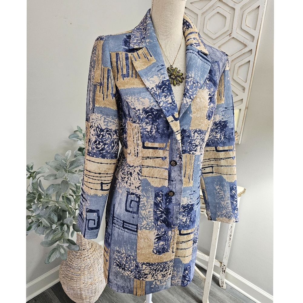Vintage Kari's Korner Blue Abstract Floral Long Tailored Blazer Jacket Size 10P